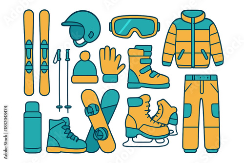 Collection of winter sports gear including skis, snowboard, helmet, and jacket for a fun day in the snow
