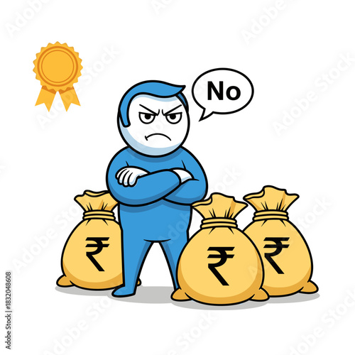 Disgruntled cartoon character rejects money bags, saying 'no', with gold medal