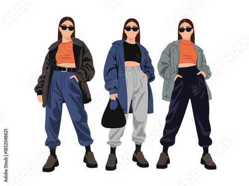 Flat vector collection of fashionable stylish women in streetwear outfits and relaxed poses, perfect for modern fashion design, editorial content, and trendy youth visuals