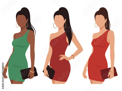 Stylish flat vector set of fashionable women dressed for nightlife, cocktail events, and parties, ideal for glamorous design themes and lifestyle branding visuals
