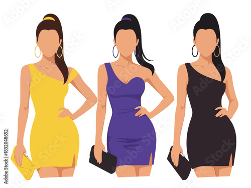 Stylish flat vector set of fashionable women dressed for nightlife, cocktail events, and parties, ideal for glamorous design themes and lifestyle branding visuals