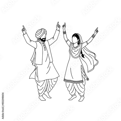 Indian couple dancing in traditional attire, celebrating cultural festival joyfully