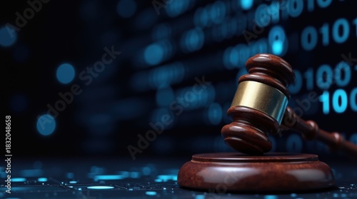 Digital law and cyber security concept with binary code gavel for online legal services and justice system 
