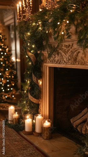 Wallpaper Mural Holiday garland draped over a fireplace mantel, lit candles nearby . Torontodigital.ca
