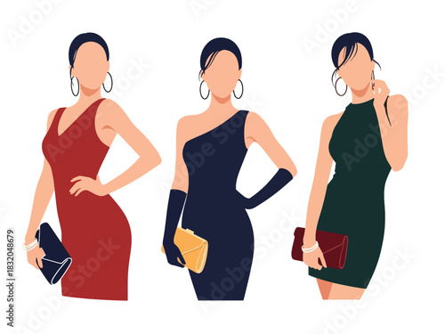 Stylish flat vector set of fashionable women dressed for nightlife, cocktail events, and parties, ideal for glamorous design themes and lifestyle branding visuals
