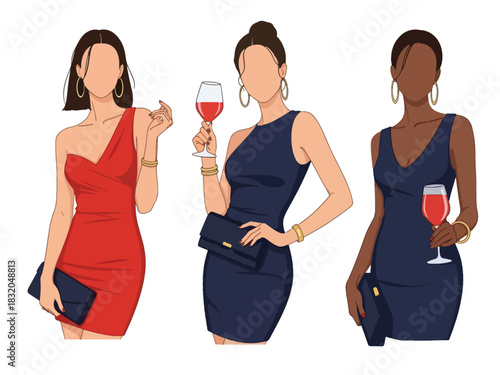 Stylish flat vector set of fashionable women dressed for nightlife, cocktail events, and parties, ideal for glamorous design themes and lifestyle branding visuals