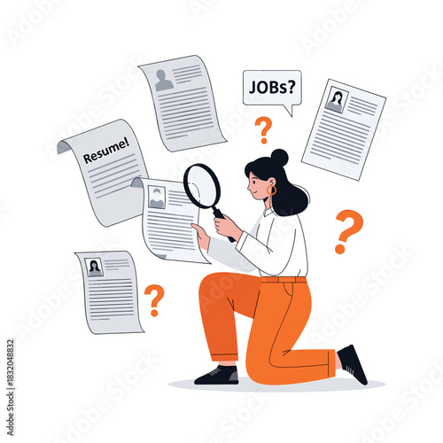 Young woman searching for job opportunities with magnifying glass among multiple resumes.