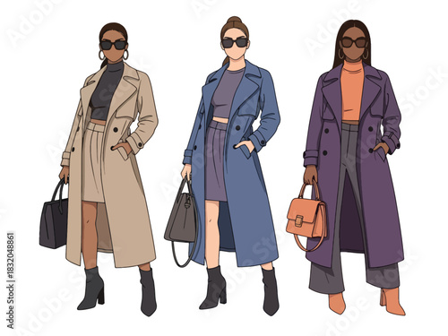 Flat vector set of stylish confident women wearing fashionable trench coats and boots, ideal for high-fashion editorial themes and modern lifestyle artworks