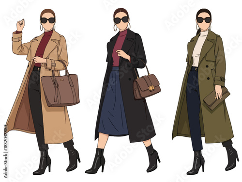 Flat vector set of stylish confident women wearing fashionable trench coats and boots, ideal for high-fashion editorial themes and modern lifestyle artworks