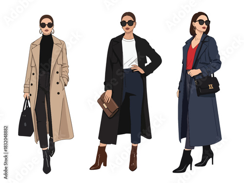 Flat vector set of stylish confident women wearing fashionable trench coats and boots, ideal for high-fashion editorial themes and modern lifestyle artworks