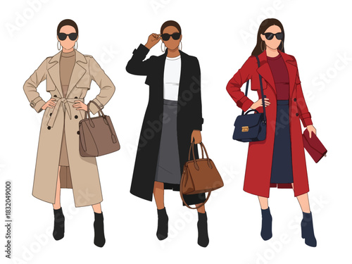Flat vector set of stylish confident women wearing fashionable trench coats and boots, ideal for high-fashion editorial themes and modern lifestyle artworks