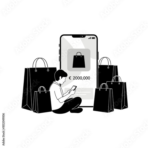 Online shopping spree: man uses phone, surrounded by shopping bags, managing vast digital wealth.