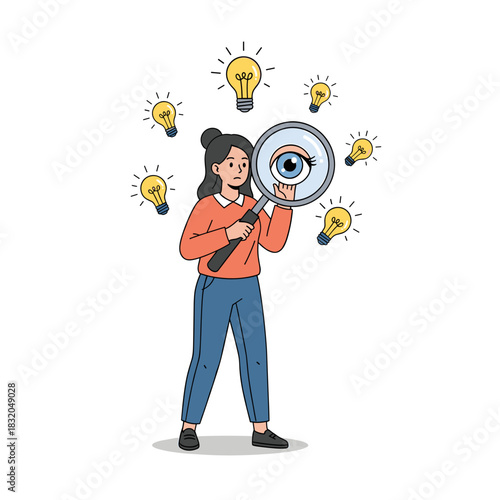 Focused woman with magnifying glass discovering new ideas surrounded by light bulbs