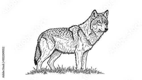 Majestic Wolf Standing in Detailed Line Art