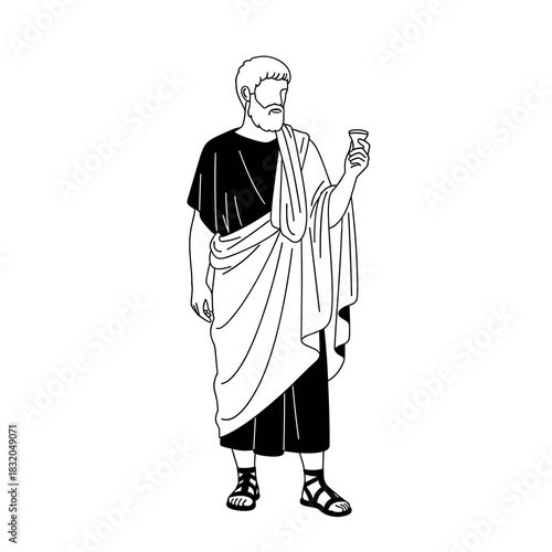 Ancient greek philosopher or citizen in toga holding a cup, historical illustration