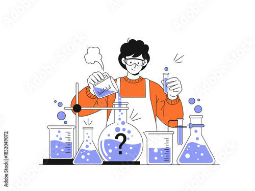 Chemist in safety goggles conducts an experiment, pouring liquid in laboratory