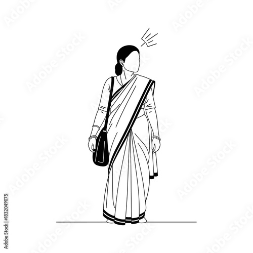 Indian woman in traditional sari and shoulder bag, minimalist line art drawing.
