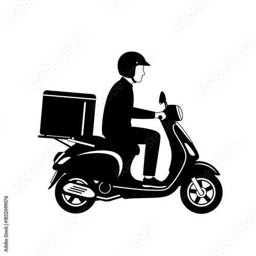 Delivery service rider on scooter with cargo box, fast transport vector illustration