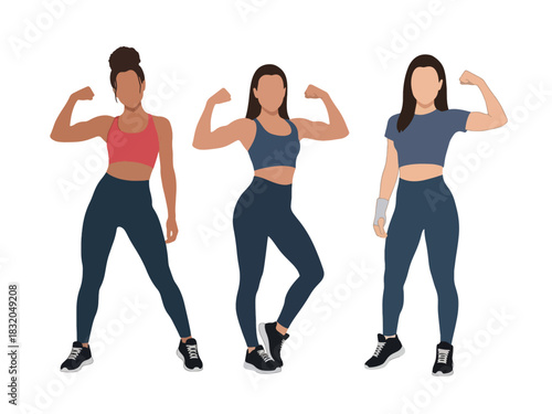 Flat vector set featuring fashionable sporty women in stylish activewear poses, ideal for modern workout visuals and lifestyle branding designs