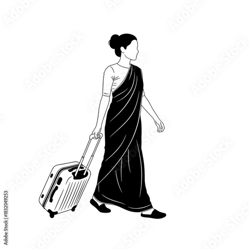 Indian woman in sari pulling suitcase, walking, travel, journey, business trip vector.