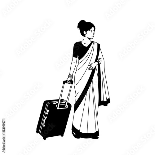 Indian woman in traditional saree with luggage, ready for journey, line art