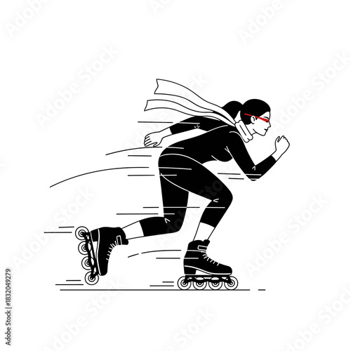 Dynamic woman inline skating at speed, active lifestyle and fitness concept illustration