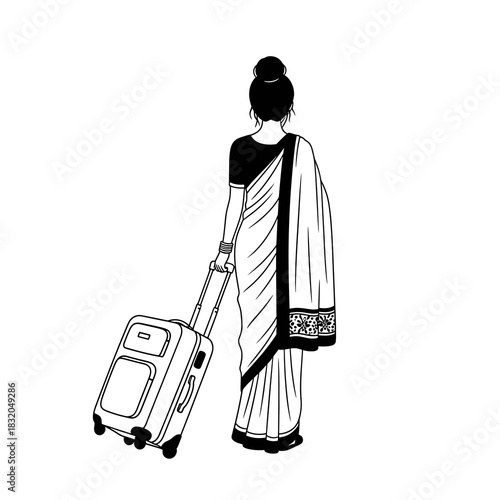 Indian woman traveler with suitcase. female in sari journeying, back view illustration.