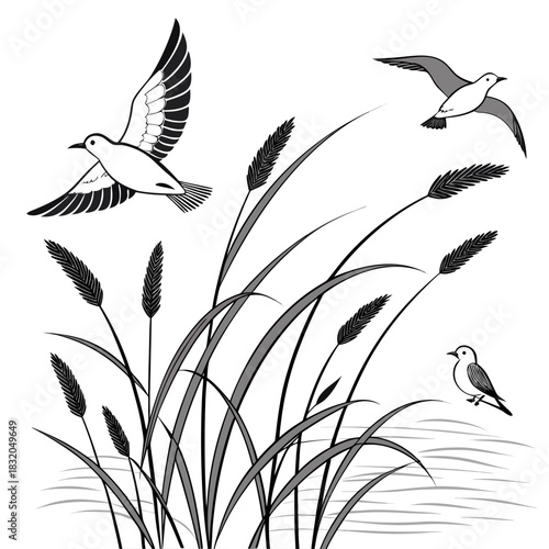 Canvas Print Stylized black and white illustration of birds flying and perched near reeds and