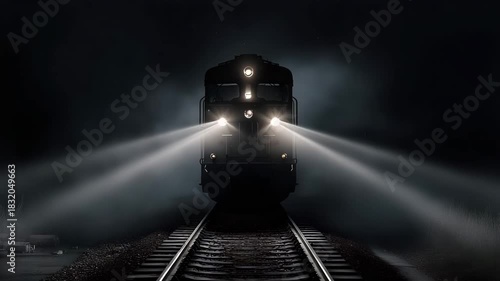 The Headlight of a Locomotive on the Tracks at Night