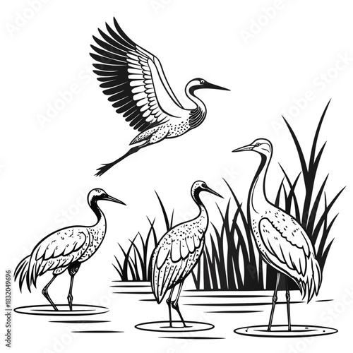 Elegant black and white illustration of cranes in a marsh with one bird in flight