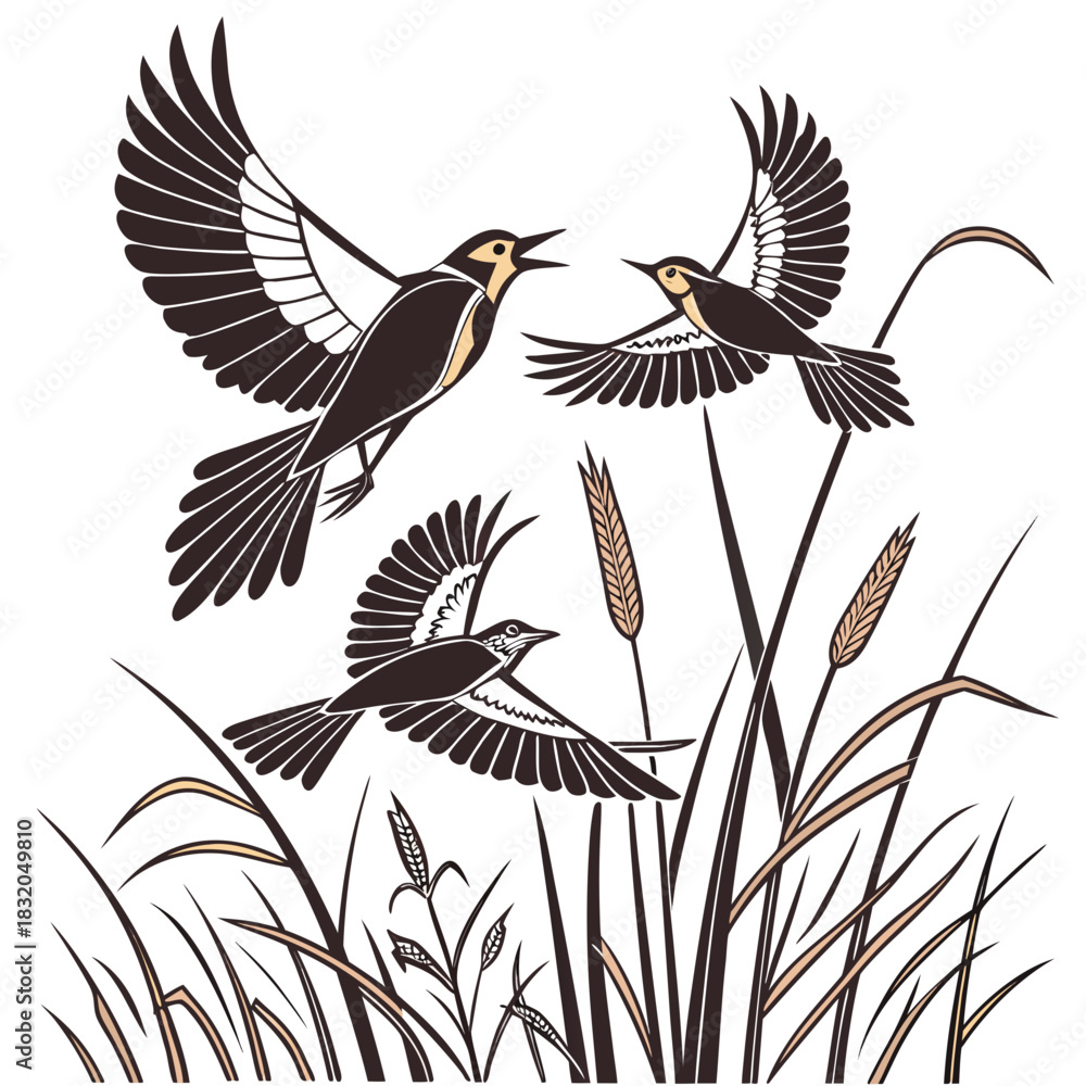 Fototapeta premium Three stylized birds in flight with wings spread above tall grasses and wheat stalks