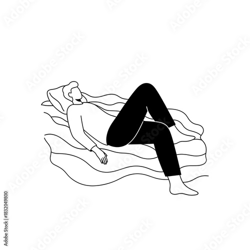 Relaxed person sleeping on wavy bed, simple outline illustration, peaceful comfort.
