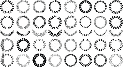 Decorative circular and semi circular laurel wreath and floral border designs
