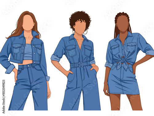 Flat vector set of stylish confident women wearing jeans and trendy denim outfits, perfect for casual youthful fashion collections and modern branding