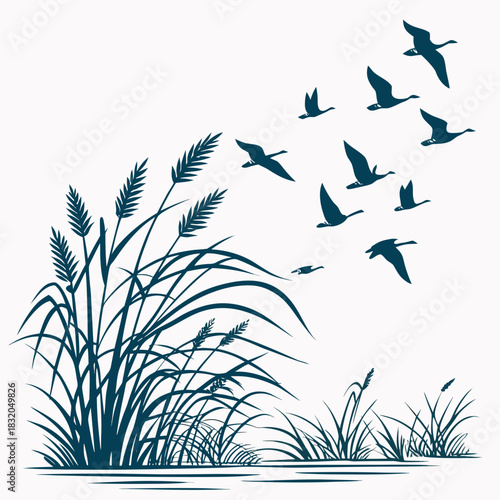 Flock of geese flying over reeds and water in a stylized silhouette design