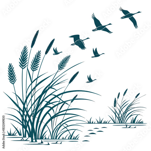 Flock of geese flying over reeds and water in a stylized silhouette illustration