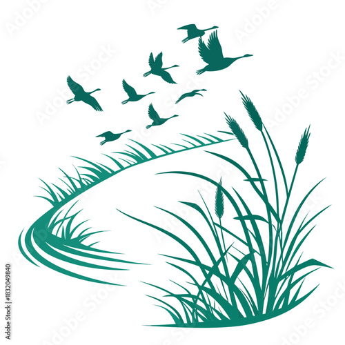 Flock of geese flying over reeds and grass in a stylized silhouette design