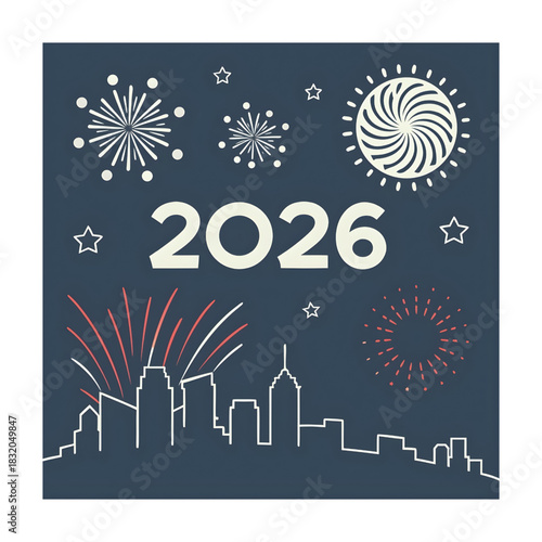 Happy New Year 2026 Celebration City Skyline Fireworks Display Starry Night Dark Background
