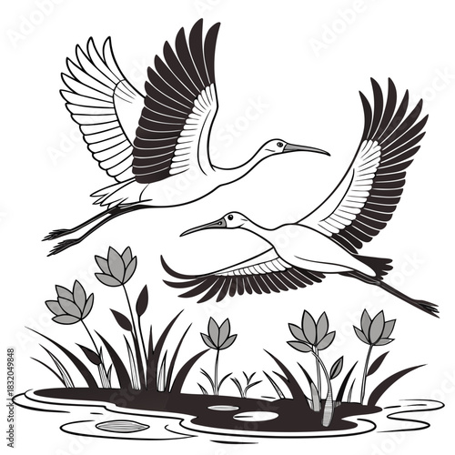 Two elegant cranes in flight gracefully soaring above a serene water lily pond with blooming flowers and reeds