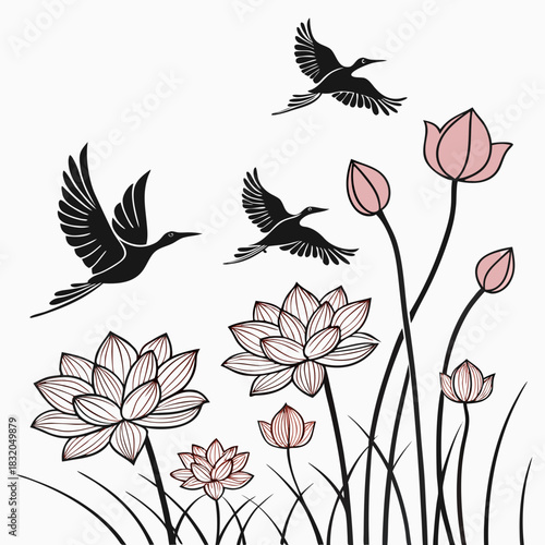 Elegant black silhouette birds flying gracefully above blooming lotus flowers and buds in a serene natural setting