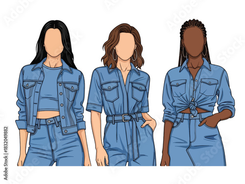 Flat vector set of stylish confident women wearing jeans and trendy denim outfits, perfect for casual youthful fashion collections and modern branding