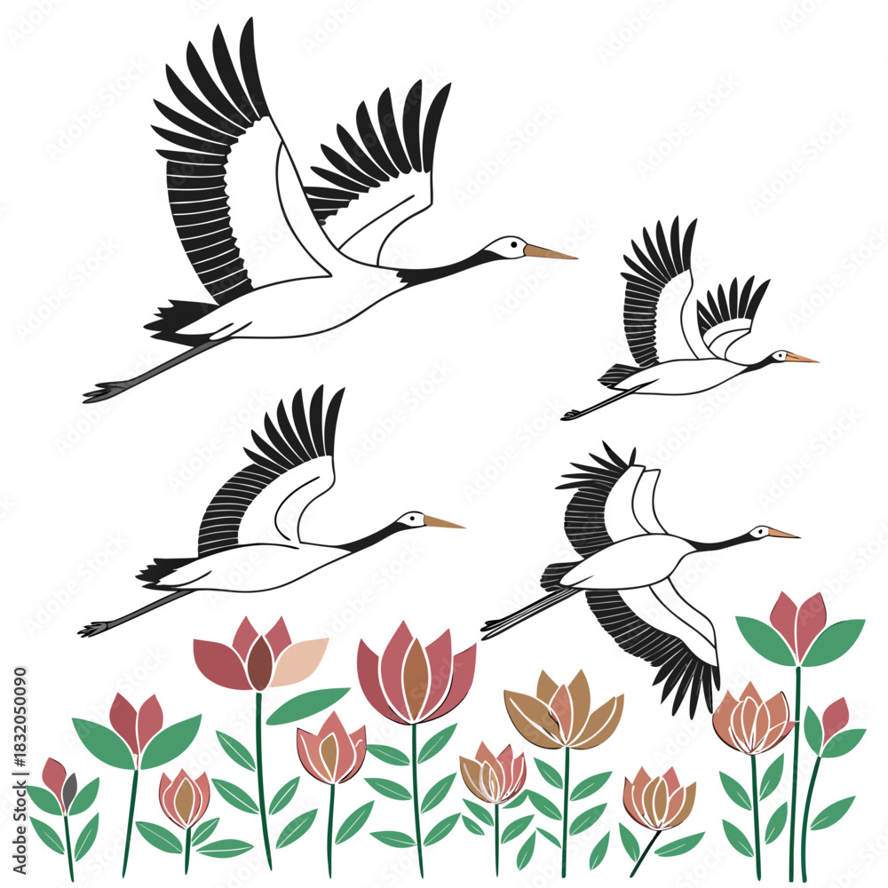 Obraz premium Four stylized cranes in flight above a row of colorful flowers on a white background