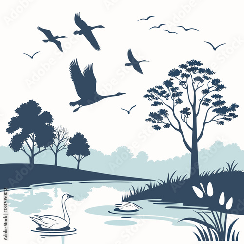 Silhouette of geese flying over a serene lake with a swan and trees in the background