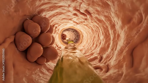 The cystic duct opening, with bile moving smoothly through a narrow passage toward the bile ducts, valve-like structures guide flow direction, opening and closing rhythmically