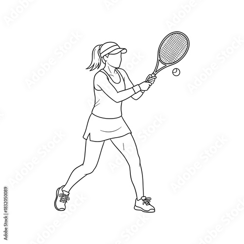 Female tennis player line art illustration hitting a forehand with racket and ball.