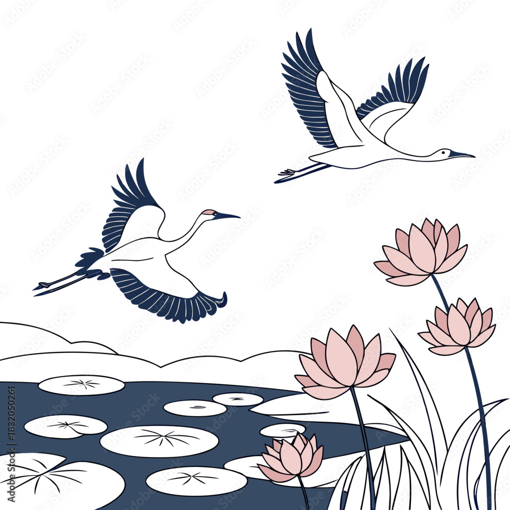 Fototapeta premium Elegant cranes gracefully flying over a serene pond with blooming lotus flowers and lily pads