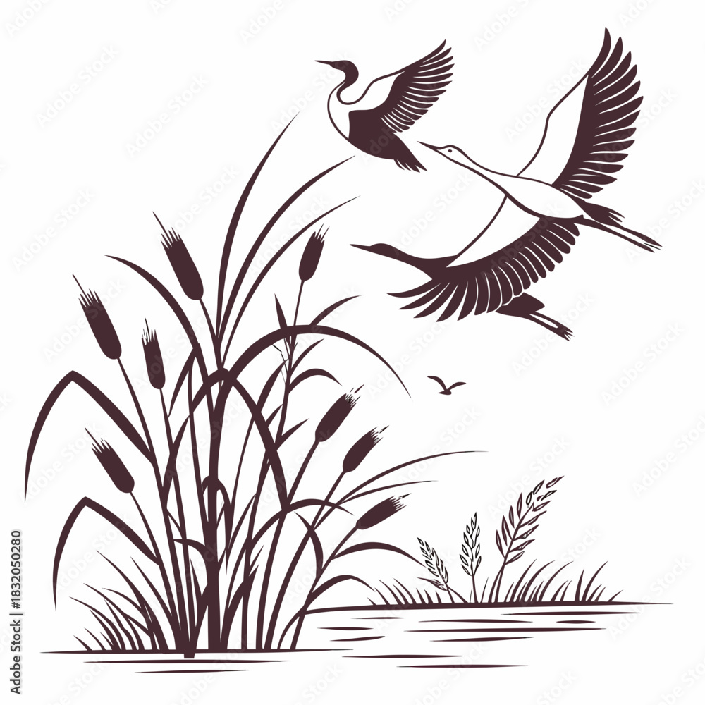 Obraz premium Elegant silhouette of three cranes flying gracefully over reeds and water in a natural landscape