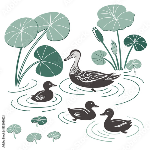 A mother duck and her ducklings swim peacefully among lily pads in a serene pond