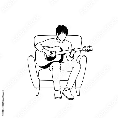 Minimalist line art illustration of a person sitting and playing an acoustic guitar