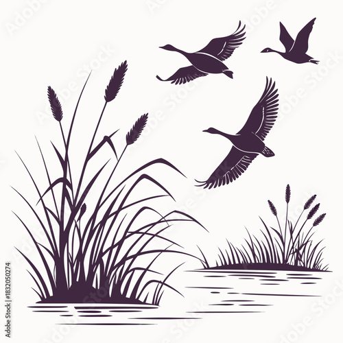 Silhouette of geese flying over reeds and water in a natural wetland environment
